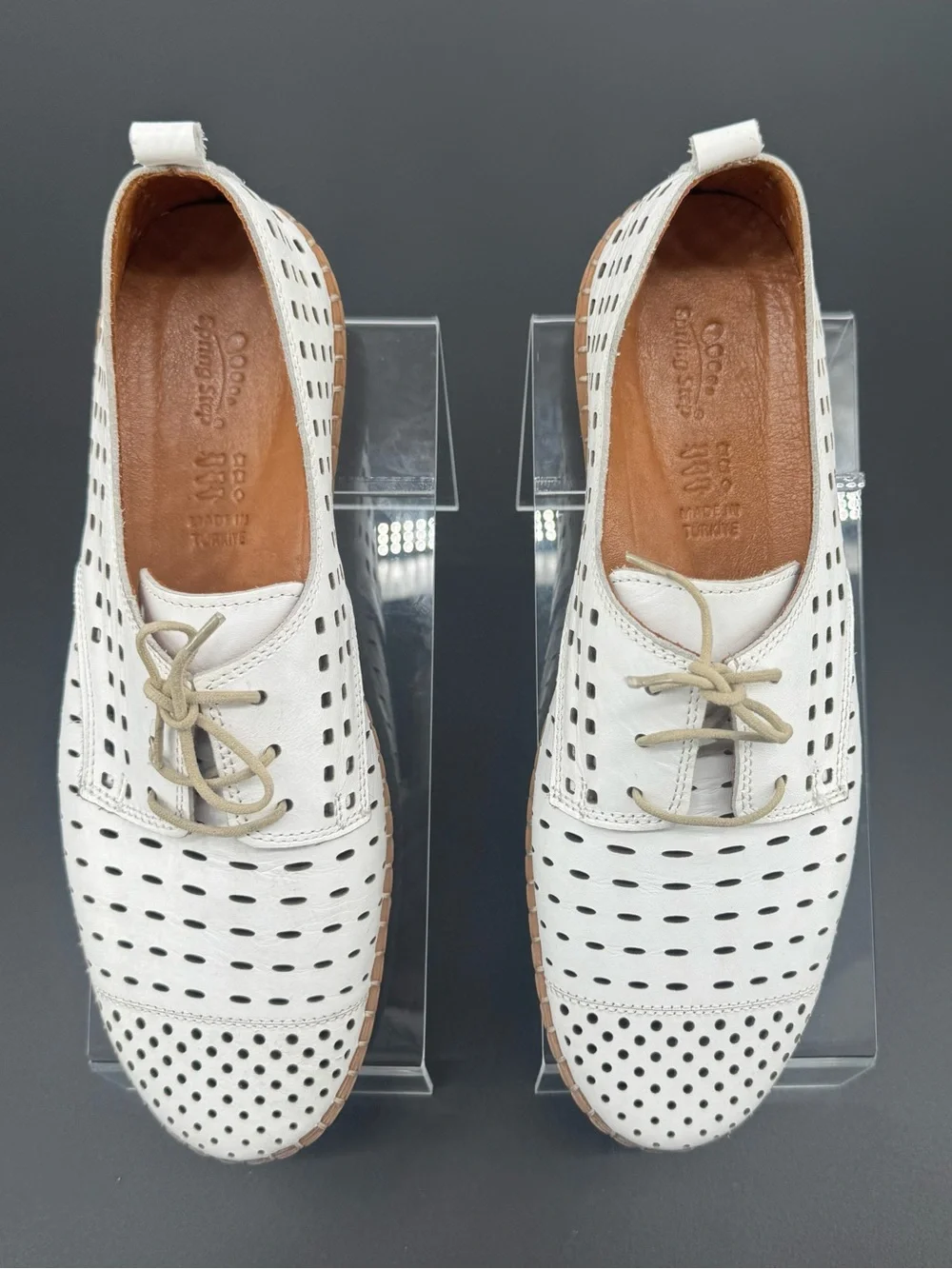 Spring Step Men’s White Perforated Leather Slip-On with Tan Sole Size 8